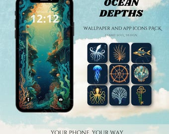 Ocean Depths App Icons Pack - Underwater Art Deco Dark Phone Theme, Sea Creatures, Atlantis Ruins Wallpaper| IOS and Android Theme