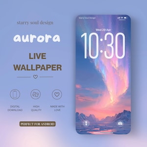 Könnte beinhalten: Ein Handy-Bildschirm zeigt ein Live-Wallpaper mit einem farbenfrohen Nordlicht-Design. Die Uhrzeit ist 10:30 Uhr am Mittwoch, 29. April. Der Text auf dem Bildschirm lautet "aurora LIVE WALLPAPER". Zusätzlicher Text lautet "DIGITALER DOWNLOAD", "HOHE QUALITÄT" und "MIT LIEBE GEMACHT".