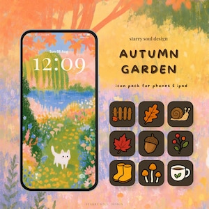 May include: A digital icon pack for phones and tablets titled Autumn Garden by Starry Soul Design. The image displays a smartphone screen with a white cat in a garden wallpaper and nine dark brown square icons featuring autumn motifs.