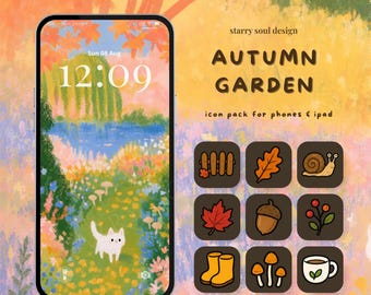 Icônes d'applications automnales chaleureuses pour iPhone, iPad et Android | Thème Jardin d'automne pour iPhone et iPad, fonds d'écran de chats mignons