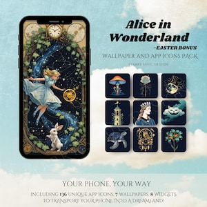 Alice in Wonderland Wallpaper & App Icons Pack – Easter Edition | Whimsical Storybook IOS Theme | Celestial Lock Screen IOS Android