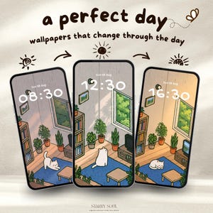 A Perfect Day – 8 Cozy Cat Phone Wallpapers | Timed iPhone Wallpaper Set | Day to Night | Digital Download