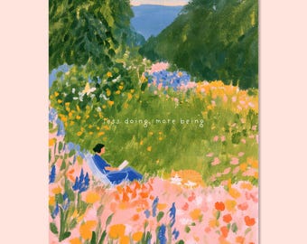 Affiche artistique Paysage de fleurs sauvages, Décoration murale Prairie aux chats, Citation « Moins faire, plus être »