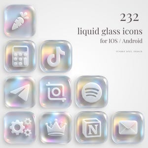 Op de afbeelding: Een verzameling van 232 liquid glass-pictogrammen voor iOS en Android. De witte pictogrammen bevatten verschillende symbolen, waaronder een wortel, een rekenmachine, een muzieknoot en een tandwiel. De pictogrammen hebben een holografisch effect op een witte achtergrond.