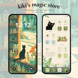 May include: Two smartphones displaying a custom phone theme. The left phone shows a cat silhouette and a shop scene. The right phone features a black cat icon and custom app icons. Text on the image reads "kiki's magic store" and "Wallpapers and App Icons Pack for ios & Android."