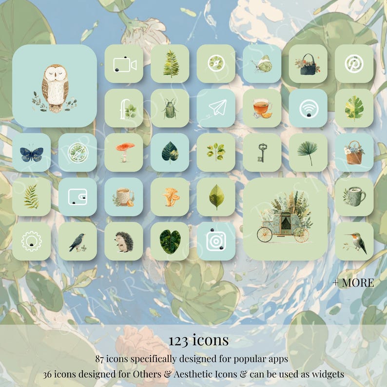 May include: A collection of 123 app icons with a nature theme, featuring illustrations of an owl, butterfly, leaves, mushrooms, and other botanical elements. The icons are on square backgrounds of light green and blue. The text reads "123 icons".