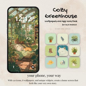 Cozy Greenhouse App Icons | Green Watercolor iOS & Android Theme, Cute Anime Theme, Plant Aesthetic Icons Studio Ghibli Inspired Wallpapers