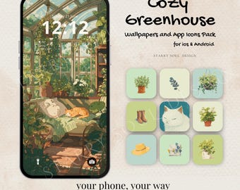 Cozy Greenhouse App Icons | Green Watercolor iOS & Android Theme, Cute Anime Theme, Plant Aesthetic Icons Studio Ghibli Inspired Wallpapers
