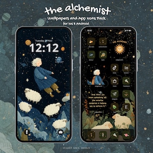 May include: Two smartphones displaying a matching wallpaper and app icon pack. The lock screen features a person in a blue coat with sheep, and the home screen shows custom app icons. Text reads "the alchemist" and "wallpapers and App Icons Pack for ios & Android."
