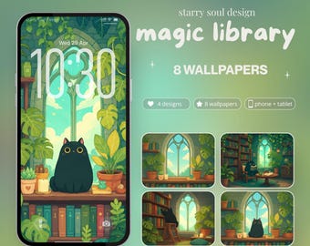 Pack de papiers peints bibliothèque magique, papier peint chat fantaisiste et confortable pour téléphone et iPad, arrière-plan iPhone anime kawaii