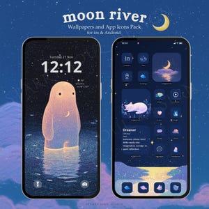 Peut inclure: Deux smartphones affichant un thème "Moon River". L'un montre une figure dans l'eau avec un croissant de lune, l'autre présente des icônes d'applications et un chat endormi. Le thème comprend des fonds d'écran et des icônes d'applications pour iOS et Android.
