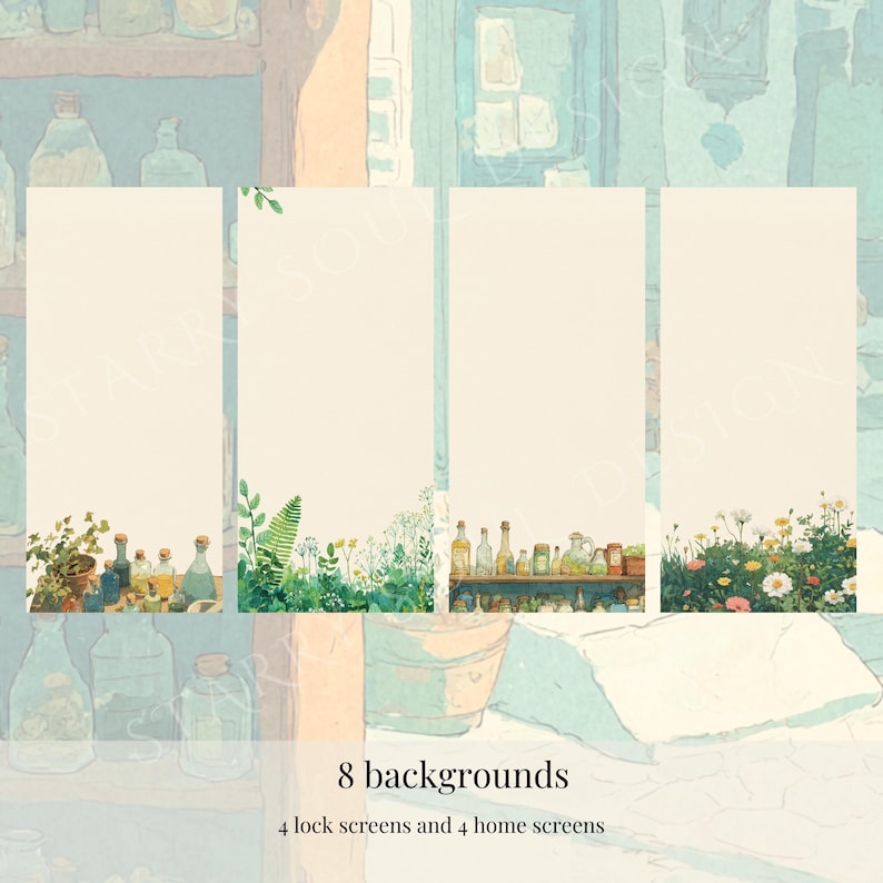 May include: Digital art featuring eight background designs for lock screens and home screens. The designs include botanical illustrations with various plants and flowers, and a shelf with bottles. The backgrounds are in a soft, muted color palette.