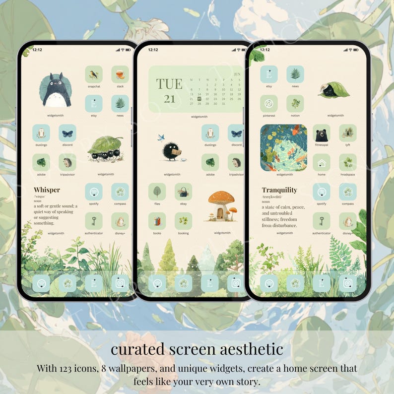 Forest Friends App Icons | Studio Ghibli Inspired iOS & Android Theme, Green Whimsical Wallpapers image 2