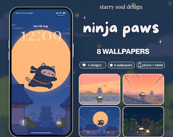 Pack de fonds d'écran Chat Ninja, fonds d'écran Kawaii pour téléphone et iPad, ensemble de fonds d'écran numériques mignons d'anime japonais