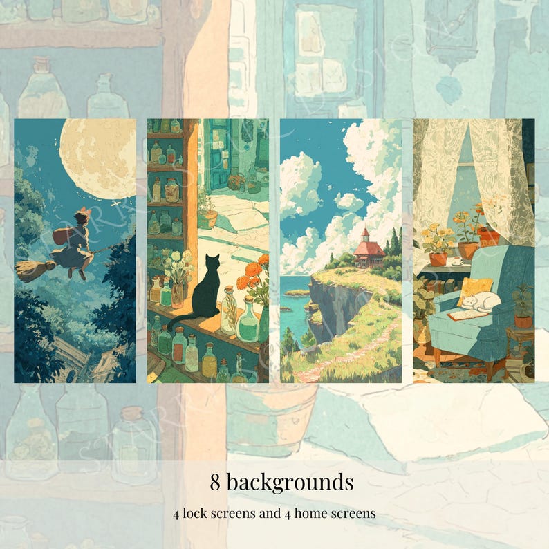 May include: Set of eight digital backgrounds featuring whimsical illustrations. The images include a witch flying on a broom, a black cat on a windowsill, a coastal landscape, and a cozy interior scene. The text reads "8 backgrounds, 4 lock screens and 4 home screens."