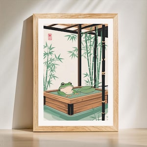 Relaxing Frog in Japanese Bathhouse Art | Modern Ukiyo-e Bathroom Wall Decor | Whimsical Frog Print | Digital Download
