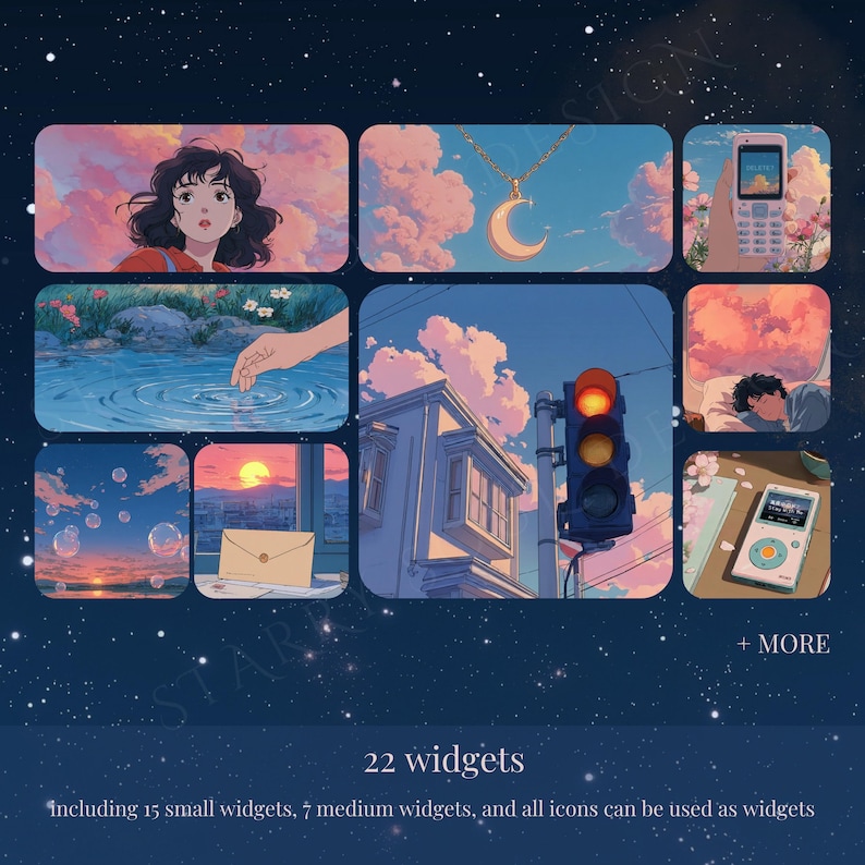 May include: A collection of 22 widgets with anime-style illustrations, including a girl, a crescent moon necklace, a phone, and a traffic light. The widgets are set against a starry background. The text reads "22 widgets" and "+ MORE".
