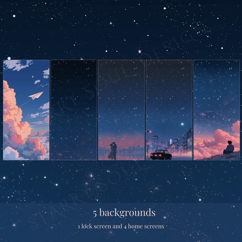 May include: Digital art featuring five background images with a starry night sky theme. The backgrounds include a paper airplane, clouds, a couple, a car, and a person sitting. Text reads "5 backgrounds, 1 lock screen and 4 home screens."