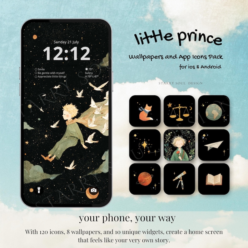 Little Prince Wallpaper & App Icons Pack | Whimsical Storybook IOS Android Theme | Cute Kawaii Celestial Dark Witchy Aesthetic Phone Theme