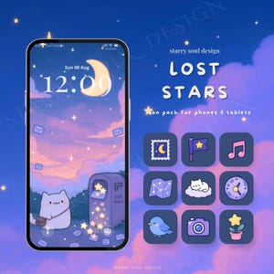 May include: A digital icon pack for phones and tablets titled Lost Stars, featuring a smartphone display with a crescent moon, a white cat, and a mailbox. The set includes nine dark blue square icons with illustrations of a moon, flag, music note, map, cat, clock, bird, camera, and flower.