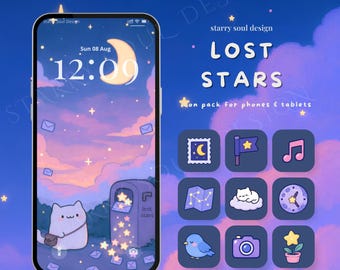 Icônes d'application Lost Stars pour iPhone, iPad et Android | Thème kawaii pour iPhone et iPad, fonds d'écran anime de chats mignons
