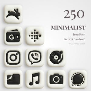 May include: A collection of minimalist icon designs in black and white, featuring various app symbols like a rabbit, wallet, Instagram logo, and music note. The text reads "250 MINIMALIST Icon Pack for iOS / Android".