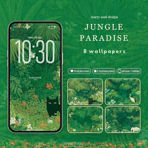May include: A digital download set featuring eight jungle-themed wallpapers for phones and tablets. The display shows a smartphone with a lockscreen displaying the time 10:30 and a black cat illustration amidst lush green tropical foliage.