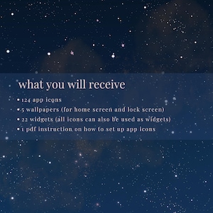 May include: A dark blue background with white dots resembling stars. The text "what you will receive" is displayed, followed by a list of digital items: 124 app icons, 5 wallpapers, 22 widgets, and a PDF instruction guide.