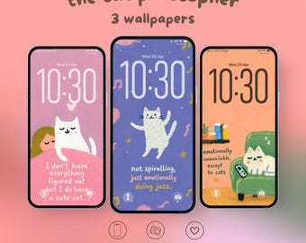 Pack de papier peint pour téléphone portable citation positivité, écran de verrouillage curatif drôle, affirmation quotidienne mignonne, chat confortable en téléchargement numérique pck2