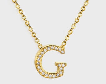Initial "G" Monogrammed White Diamond Pendant Necklace | Gold Plated Stainless Steel Jewelry | Gift for Her