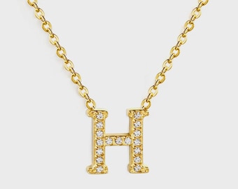 Collier pendentif diamant blanc monogrammé « H » initial | Bijoux en acier inoxydable plaqué or | Cadeau pour elle