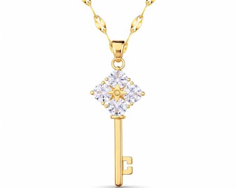 Crystal Rhombus Key Pendant Necklace | Gold Plated Stainless Steel Necklace