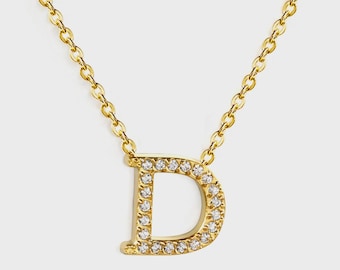 Initial "D" Monogrammed White Diamond Pendant Necklace | Gold Plated Stainless Steel Jewelry | Gift for Her