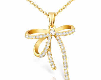Asymmetrical Shimmering Bow Pendant Studded with Cubic Zirconia | Gold Plated Stainless Steel Necklace