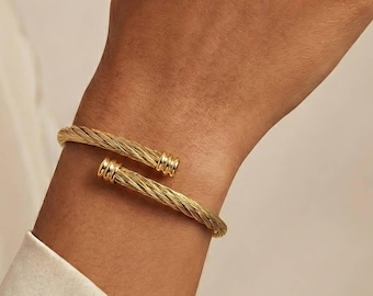 Gold Rope Bracelet | Minimalist Cable Cuff Bangle | Adjustable Modern Jewelry | Gift for Her