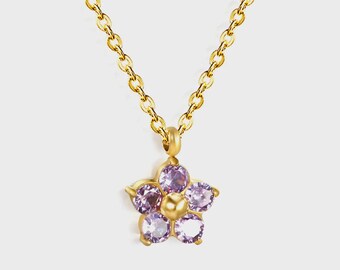 Purple Crystal Flower Pendant | Gold Plated Stainless Steel Necklace