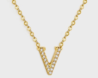 Initial "V" Monogrammed White Diamond Pendant Necklace | Gold Plated Stainless Steel Jewelry | Gift for Her