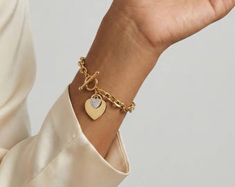Gold Heart Bracelet with Cubic Zirconia, Toggle Clasp, Gift for Her, Wife or Birthday