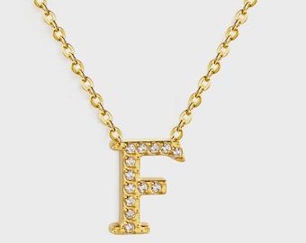 Initial "F" Monogrammed White Diamond Pendant Necklace | Gold Plated Stainless Steel Jewelry | Gift for Her