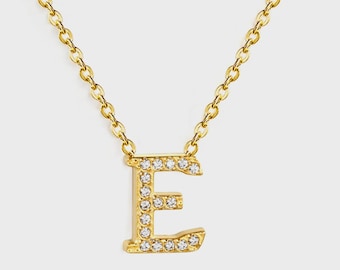 Initial "E" Monogrammed White Diamond Pendant Necklace | Gold Plated Stainless Steel Jewelry | Gift for Her