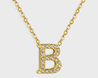 Initial "B" Monogrammed White Diamond Pendant Necklace | Gold Plated Stainless Steel Jewelry | Gift for Her