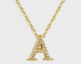 Initial "A" Monogrammed White Diamond Pendant Necklace | Gold Plated Stainless Steel Jewelry | Gift for Her