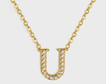 Initial "U" Monogrammed White Diamond Pendant Necklace | Gold Plated Stainless Steel Jewelry | Gift for Her