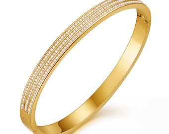 Gold Cuff Bangle | Stainless Steel Bracelet with Cubic Zirconia
