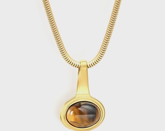 Tiger Eye Stone Gold Snake Chain Necklace | Statement Pendant | Jewelry Gift for Her