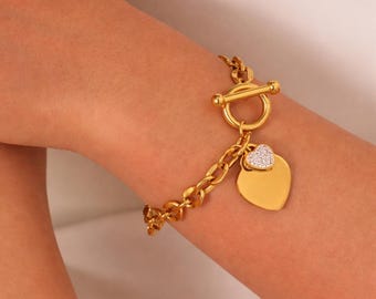 Gold Chain Heart Bracelet | Modern Toggle Bracelet | Elegant Jewelry for Her