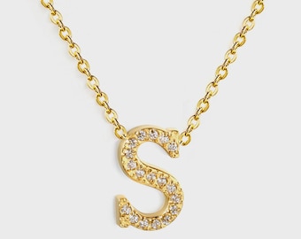 Initial "S" Monogrammed White Diamond Pendant Necklace | Gold Plated Stainless Steel Jewelry | Gift for Her