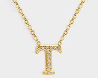 Initial "T" Monogrammed White Diamond Pendant Necklace | Gold Plated Stainless Steel Jewelry | Gift for Her