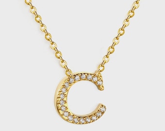 Initial "C" Monogrammed White Diamond Pendant Necklace | Gold Plated Stainless Steel Jewelry | Gift for Her
