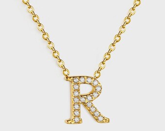 Initial "R" Monogrammed White Diamond Pendant Necklace | Gold Plated Stainless Steel Jewelry | Gift for Her